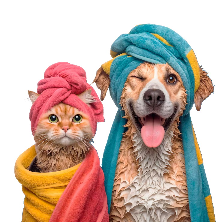 Cachorro molhado engracado e gato embrulhado em toalha depois de um banho relaxante em fundo isolado 1197310 339